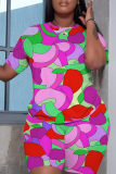 Pink Green Casual Print Basic O Neck Short Sleeve Two Pieces