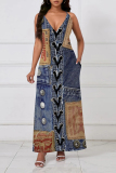 Baby Blue Sexy Faux Denim Print Pocket Contrast V Neck Sling Dresses