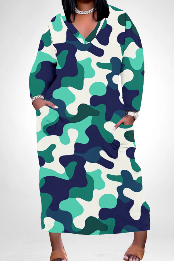 Turquoise Casual Camouflage Print Pocket Patchwork V Neck Straight Plus Size Dresses