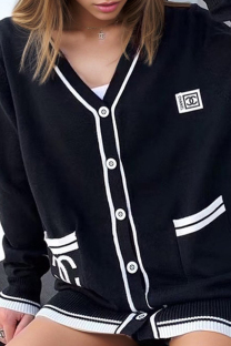 Black Casual Letters Pocket Buckle Patchwork V Neck Outerwear(Subject To Physical Goods)