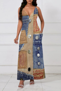 Multicolor Sexy Faux Denim Print Pocket Contrast V Neck Sling Dresses