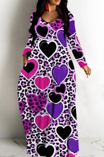 Purple Casual Print Basic V Neck Long Dresses