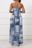 Baby Blue Sexy Faux Denim Print Pocket Contrast V Neck Sling Dresses