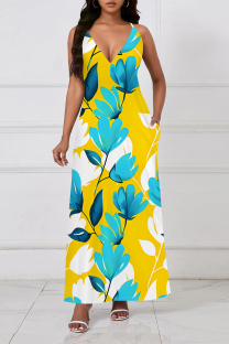 Yellow Sexy Floral Print Contrast V Neck Sling Dresses