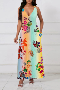 Colour Sexy Floral Print Contrast V Neck Sling Dresses