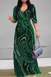 Green Casual Geometric Print Lace Up Contrast V Neck Printed Dresses