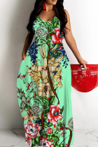 Green Casual Print Backless Spaghetti Strap Long Dresses