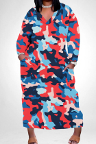 Blue Red Casual Camouflage Print Pocket Patchwork V Neck Straight Plus Size Dresses