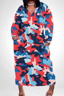 Blue Red Casual Camouflage Print Pocket Patchwork V Neck Straight Plus Size Dresses