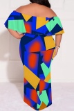 Blue Casual Print Patchwork Off Shoulder Long Plus Size Dresses