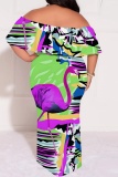 Blue Casual Print Patchwork Off Shoulder Long Plus Size Dresses