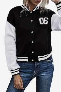 Black Casual Letters Buckle Patchwork Contrast V Neck Outerwear
