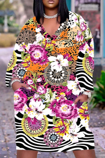 Fuchsia Casual Floral Print Basic V Neck Long Sleeve Plus Size Dresses