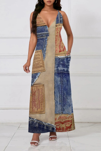 Blue Coffee Sexy Faux Denim Print Pocket Contrast V Neck Sling Dresses