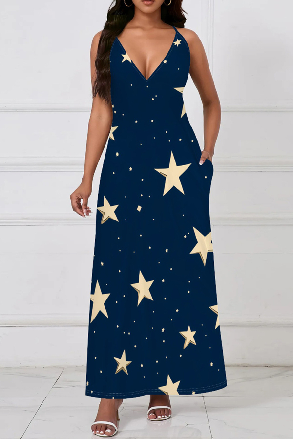 Tibetan Blue Casual Print Pocket Patchwork V Neck Long Dresses