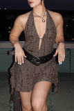 Grey Sexy Solid Color Hollow Out Patchwork Backless Strap Design Halter Irregular Dresses