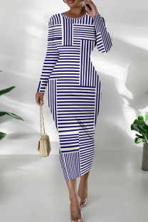 White Purple Daily Print Patchwork O Neck Wrapped Skirt Dresses