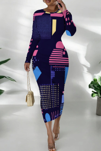 Multicolor Daily Print Patchwork O Neck Wrapped Skirt Dresses