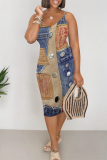 Multicolor Sexy Faux Denim Print Contrast V Neck Printed Dresses