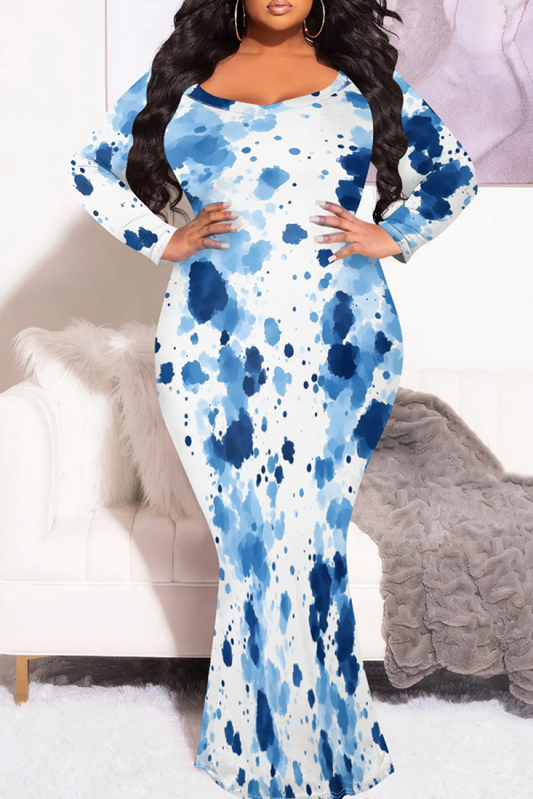 White Blue Elegant Print Patchwork O Neck Long Plus Size Dresses