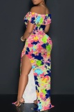 Yellow Casual Print Slit Off Shoulder Long Dresses