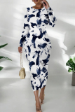 Tibetan Blue Daily Print Patchwork O Neck Wrapped Skirt Dresses