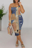 Multicolor Sexy Faux Denim Print Contrast V Neck Printed Dresses
