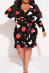 Black Red Casual Print Patchwork With Belt V Neck Printed Plus Size Dresses