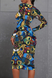 Black khaki Casual Street National Totem Print Contrast O Neck Printed Dresses
