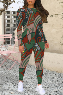 Dark Green Casual Street Geometric Print Contrast O Neck Long Sleeve Two Pieces