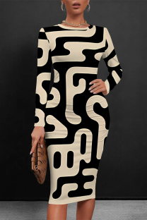 Black khaki Casual Street National Totem Print Contrast O Neck Printed Dresses