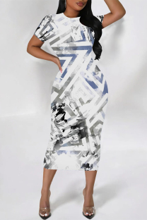 White Daily Elegant Geometric Print Flowers Gradient Contrast O Neck Printed Short Sleeve Dress