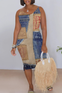 Blue Coffee Sexy Faux Denim Print Contrast V Neck Printed Dresses
