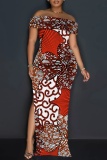 Yellow Casual Print Slit Off Shoulder Long Dresses