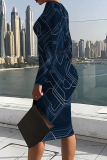 Blue White Casual Print Patchwork O Neck Wrapped Skirt Dresses