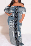 Baby Blue Sexy Faux Denim Print Ruffle Contrast Off Shoulder Printed Plus Size Dresses