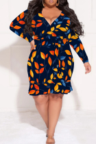 Blue Orange Casual Print Patchwork With Belt V Neck Printed Plus Size Dresses