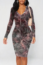 Grey Red Casual Geometric Print Contrast V Neck Printed Dresses