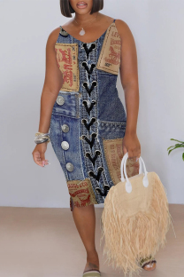 Dark Blue Sexy Faux Denim Print Contrast V Neck Printed Dresses
