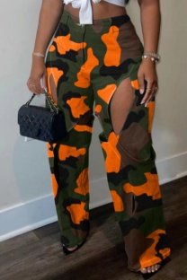 Orange Casual Camouflage Print Hollowed Out Patchwork Straight Mid Waist Conventional Full Print Trousers