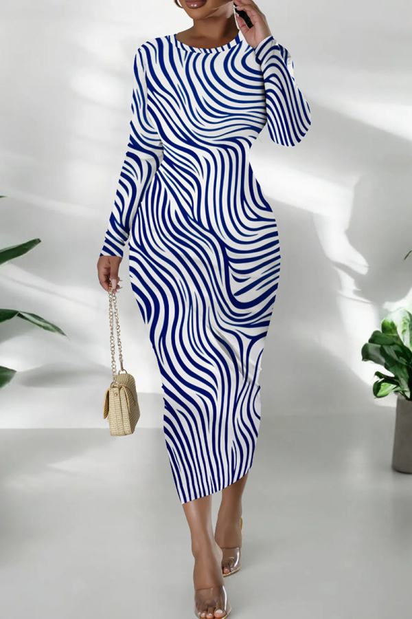 White Blue Daily Print Patchwork O Neck Wrapped Skirt Dresses