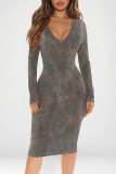 Blue Casual Geometric Print Contrast V Neck Printed Dresses