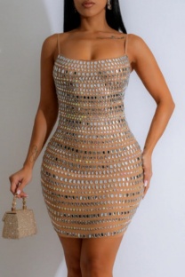 Apricot Sexy Patchwork Hot Drilling Backless Spaghetti Strap Wrapped Skirt Dresses