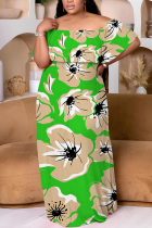 Green Casual Floral Print Patchwork Off Shoulder Long Plus Size Dresses