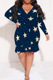 Blue Khaki Casual Print Patchwork With Belt V Neck Printed Plus Size Dresses