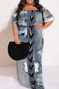 Medium Blue Sexy Faux Denim Print Ruffle Contrast Off Shoulder Printed Plus Size Dresses