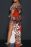 Yellow Casual Print Slit Off Shoulder Long Dresses