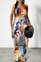 Multi-color Sexy Geometric Print Pocket Contrast V Neck Printed Dresses