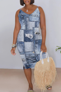 Baby Blue Sexy Faux Denim Print Contrast V Neck Printed Dresses