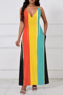 Red Yellow Casual Print Pocket Patchwork V Neck Long Dresses